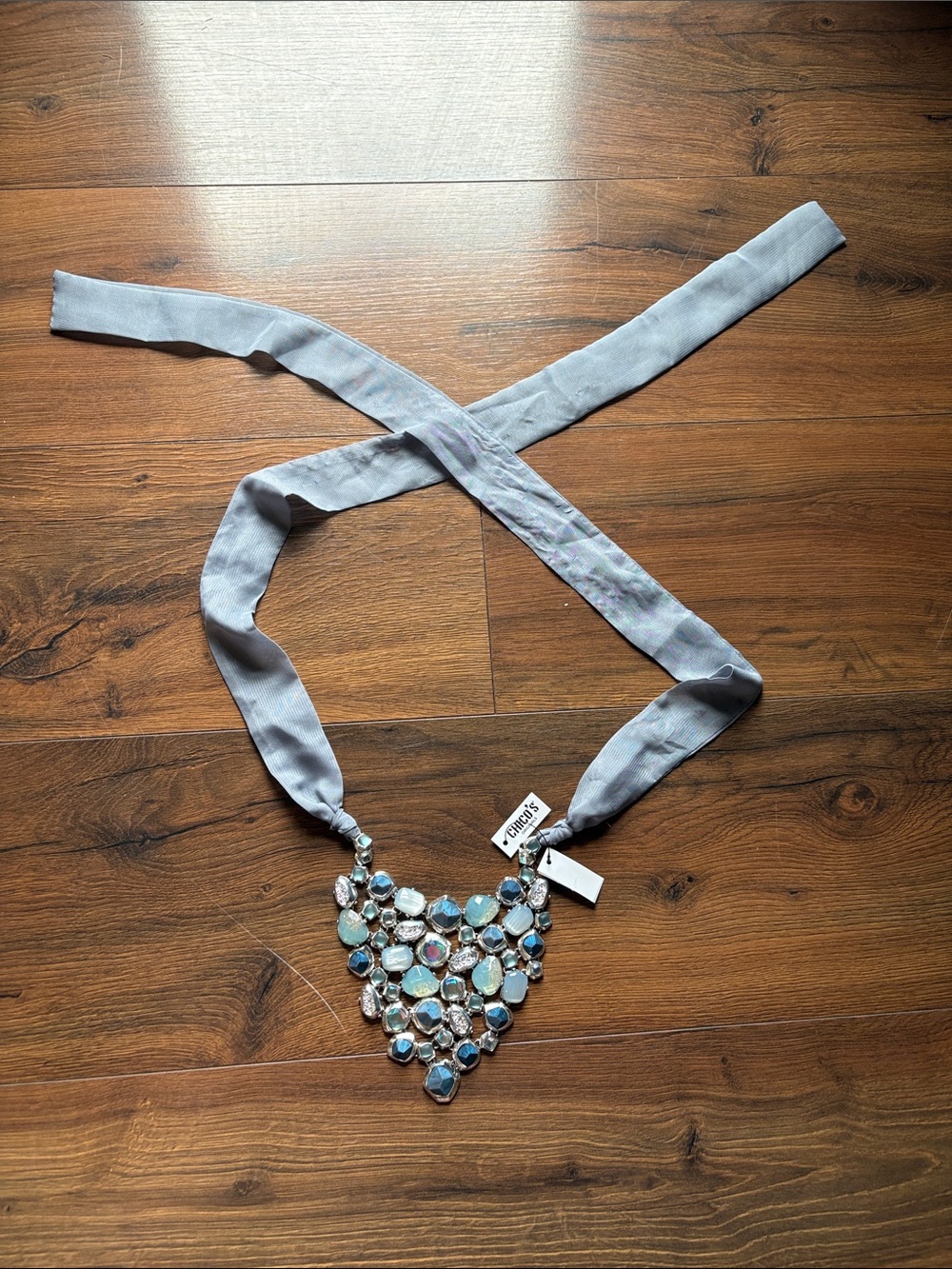 Chico's Sparkling Blue Crystal Bib Necklace with Gray Ribbon Tie